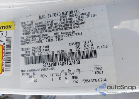 2013 Ford Fusion Se from USA, damaged, VIN 3FA6P0H74DR137400